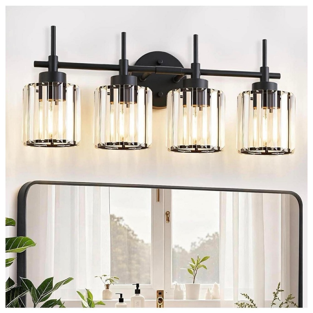 4 Light Round Crystal Vanity Lights Modern‎ Black Crystal Wall Light Bath Mirror